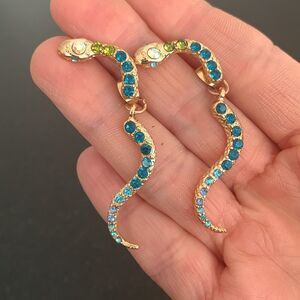 Pavé Crystal Cobra Snake Front Back Earrings with Dangling Tail Gold Tone
